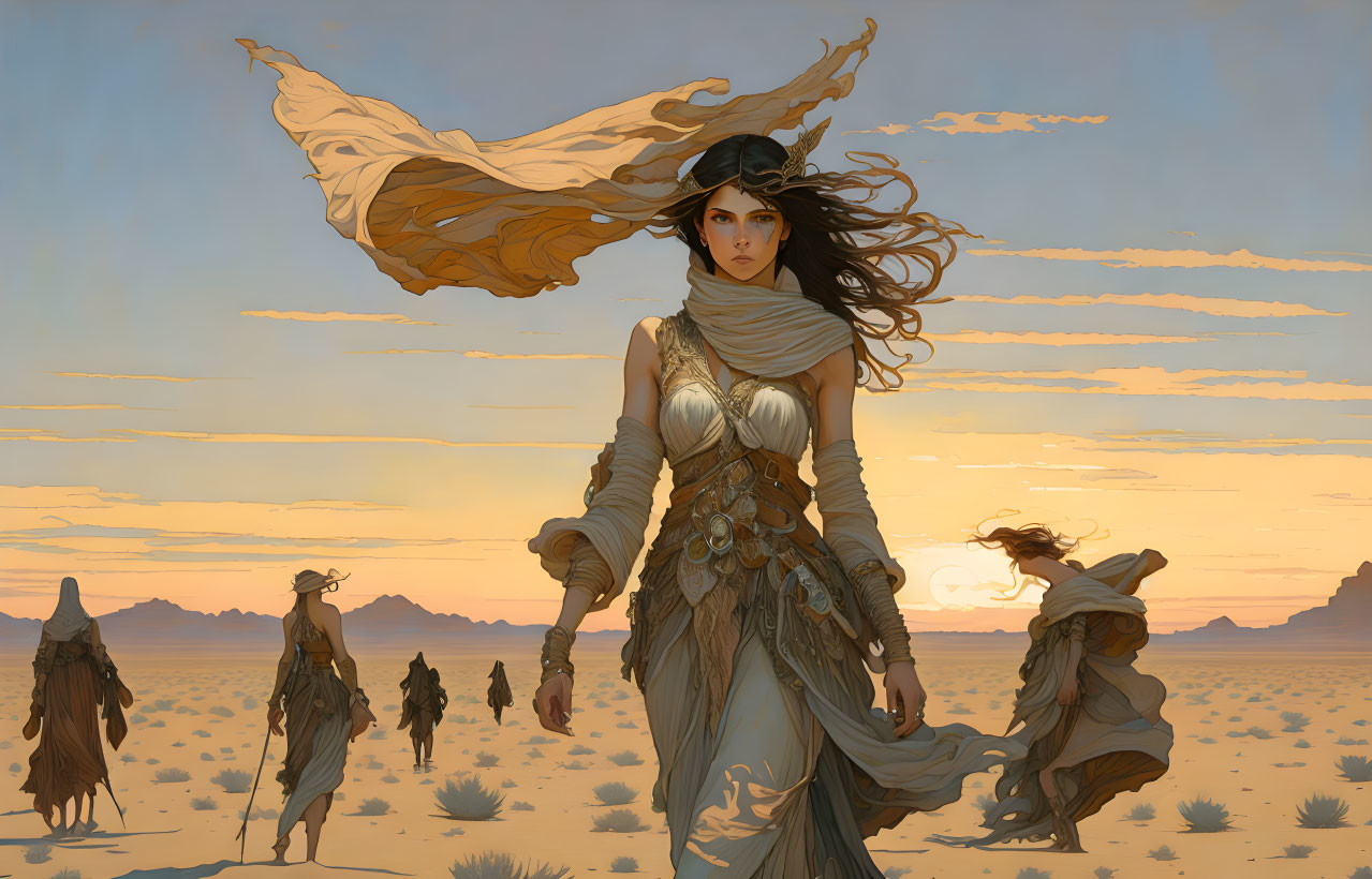 Woman with flowing hair in desert landscape with robed figures