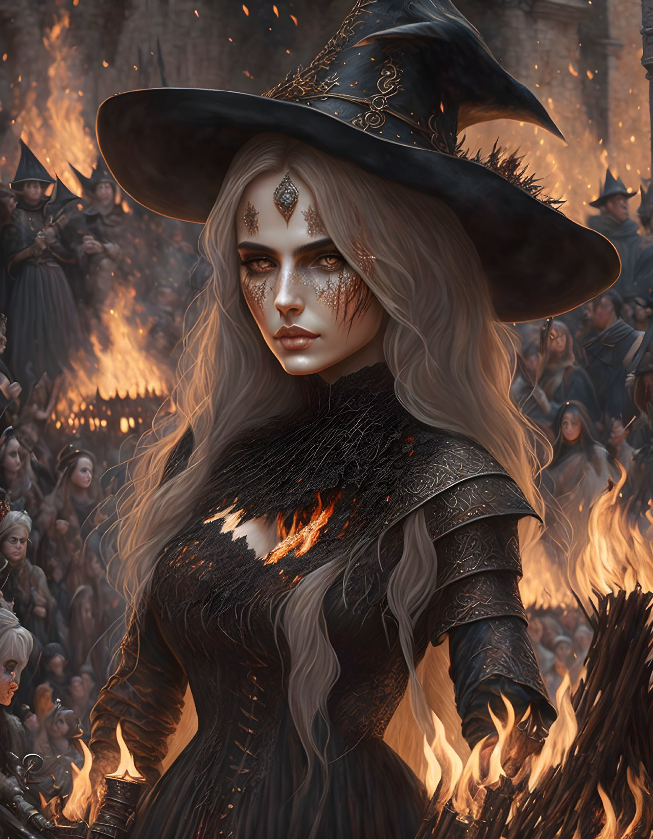 Pale-skinned witch with long white hair in ornate hat, amidst fiery backdrop and crowd in dark