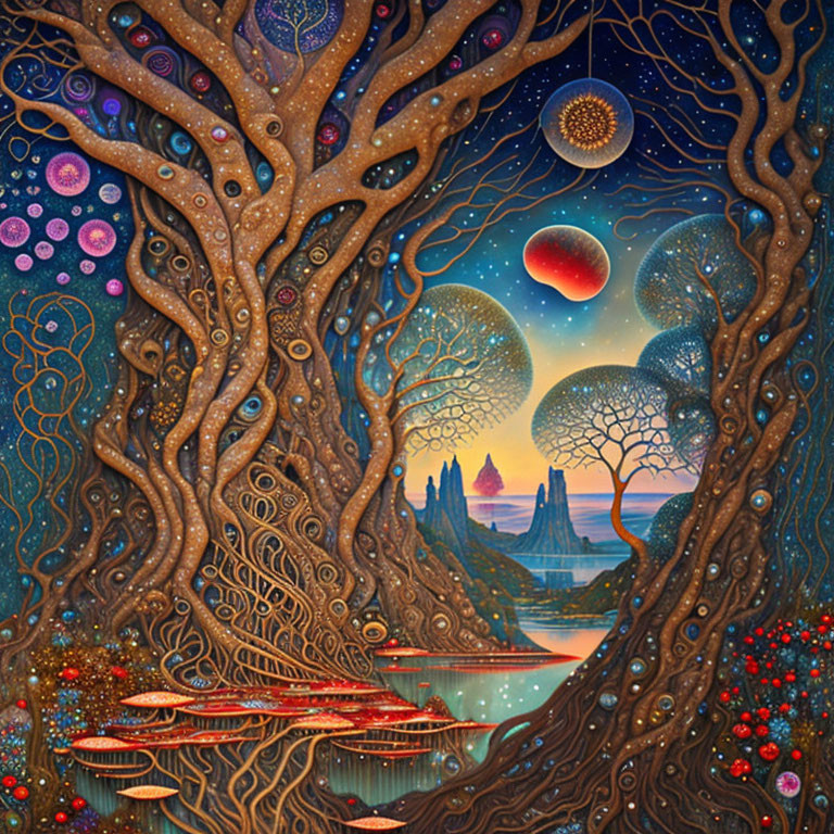 Colorful painting of mystical forest with intertwining trees and celestial bodies by serene river.