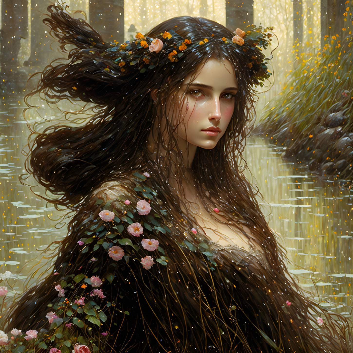 Woman with Long Flowing Hair and Flower Adornments in Golden Forest