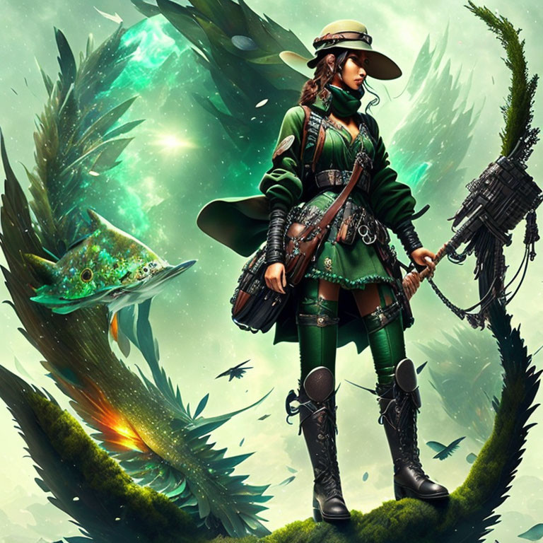 Steampunk adventurer in green attire among sea life and mechanical elements