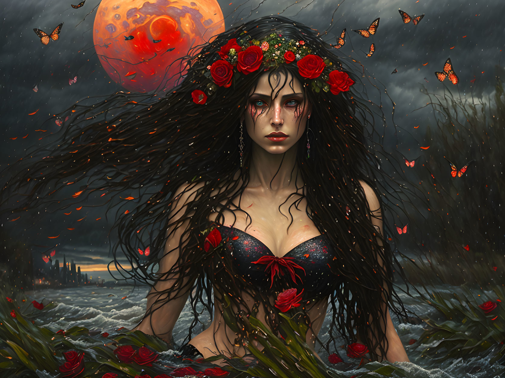 Mystical woman with red roses in flowing hair under blood-red moon