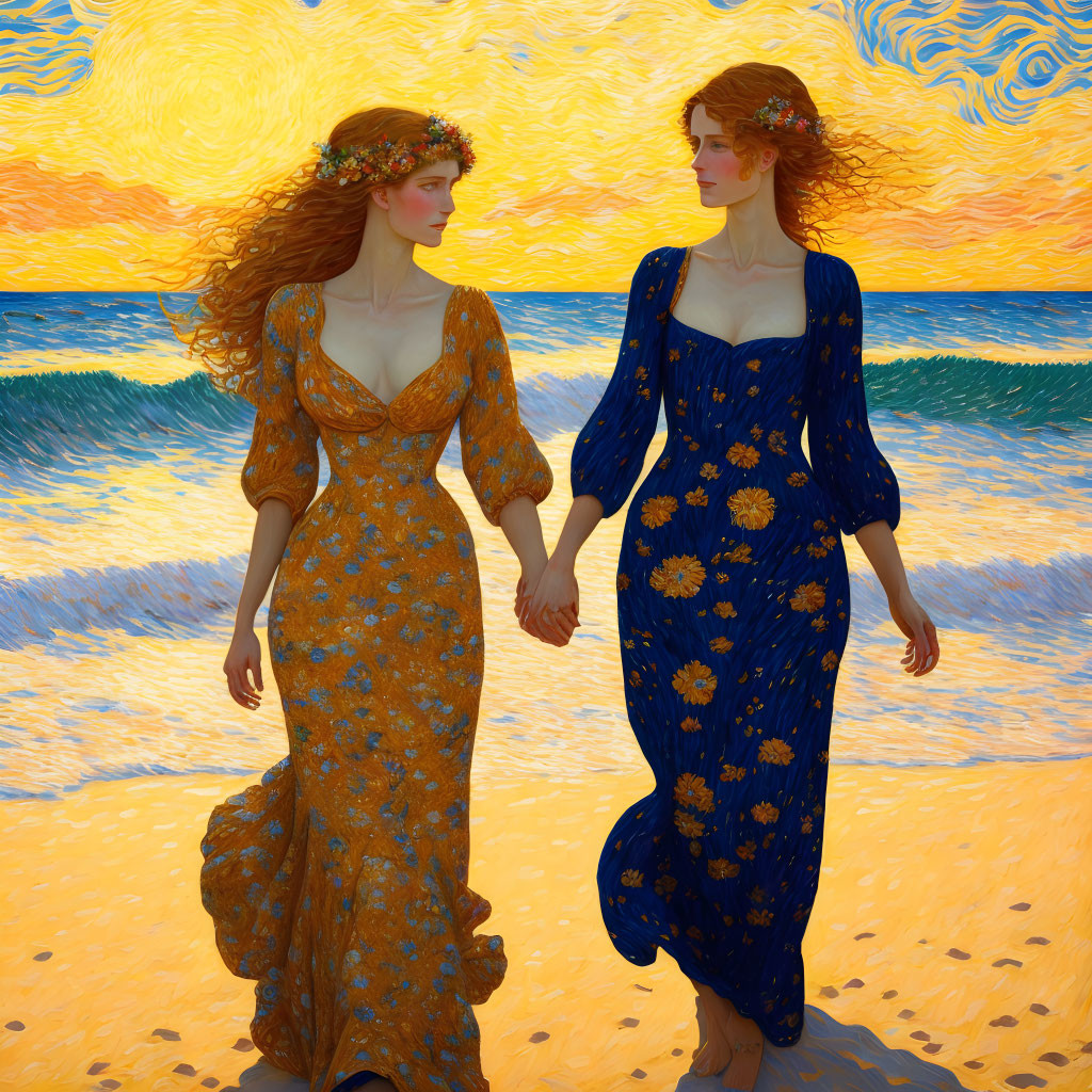 Two women in floral dresses holding hands on beach with swirl-patterned sky.