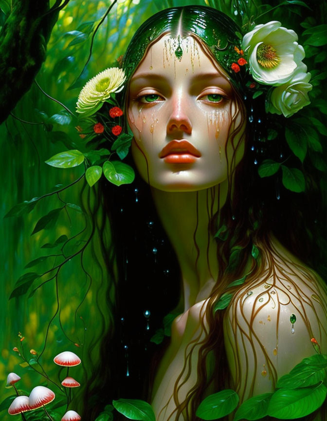 Surreal portrait of female figure with flowers and vines in hair