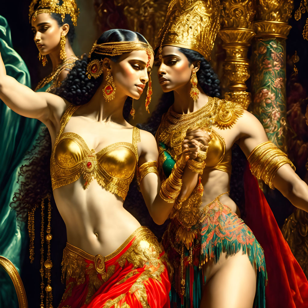 Two women in regal costumes and gold jewelry against a lavish backdrop.