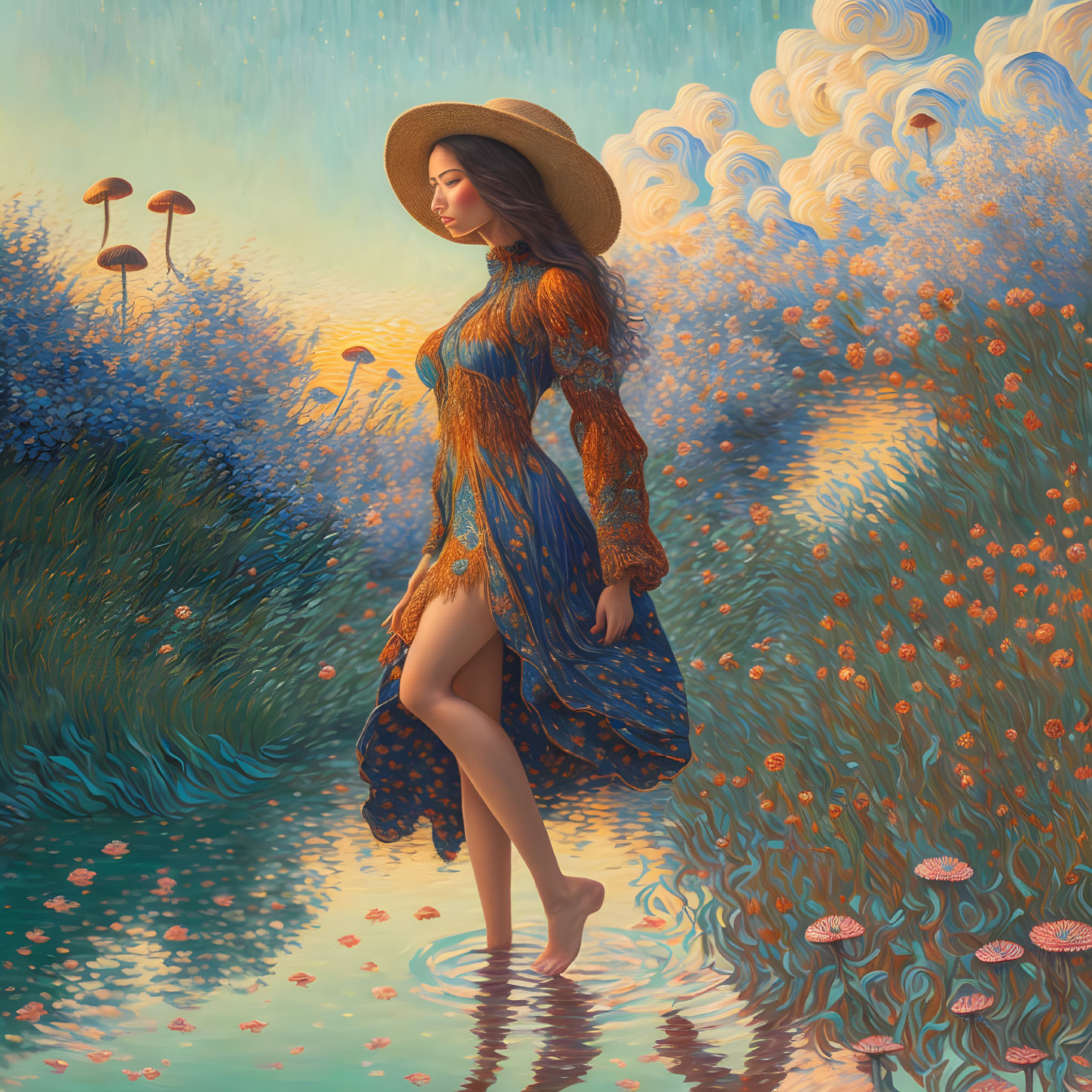 Woman in blue dress and straw hat in surreal landscape with flowers and waves.