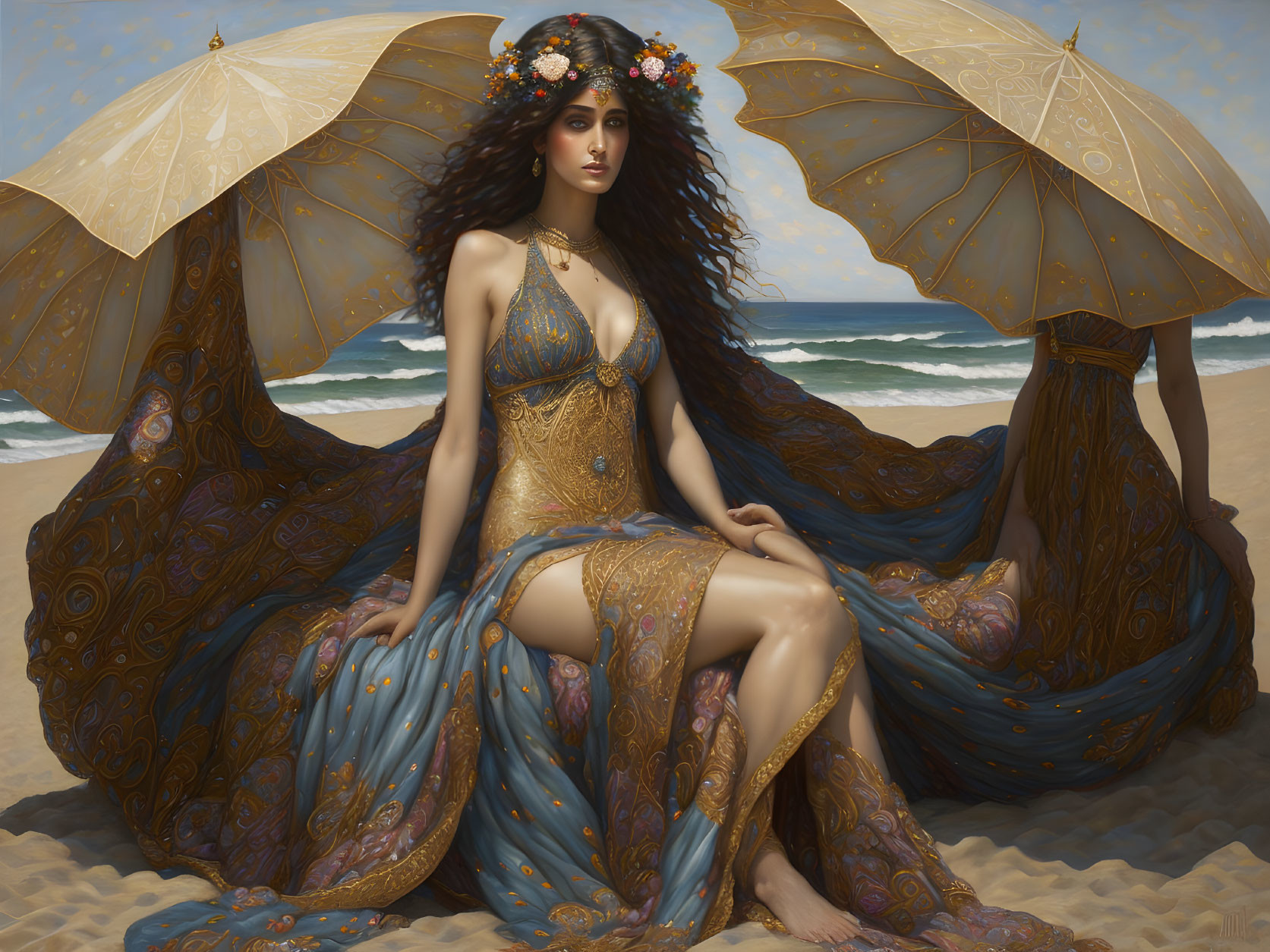 Woman in flowing gown under ornate umbrellas on sandy beach with sea view