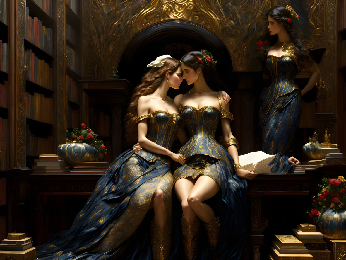 Two women in blue and gold gowns in a lavish, dimly lit library.