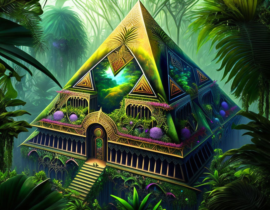 Colorful digital artwork: Mystical pyramid with golden details surrounded by lush greenery