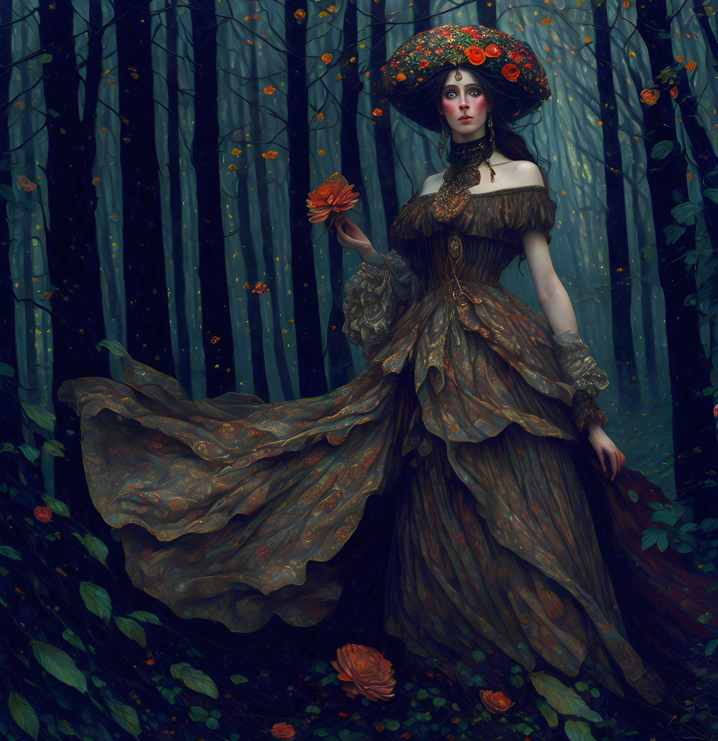 Woman in ornate brown dress with floral headpiece in mystical forest among tall trees