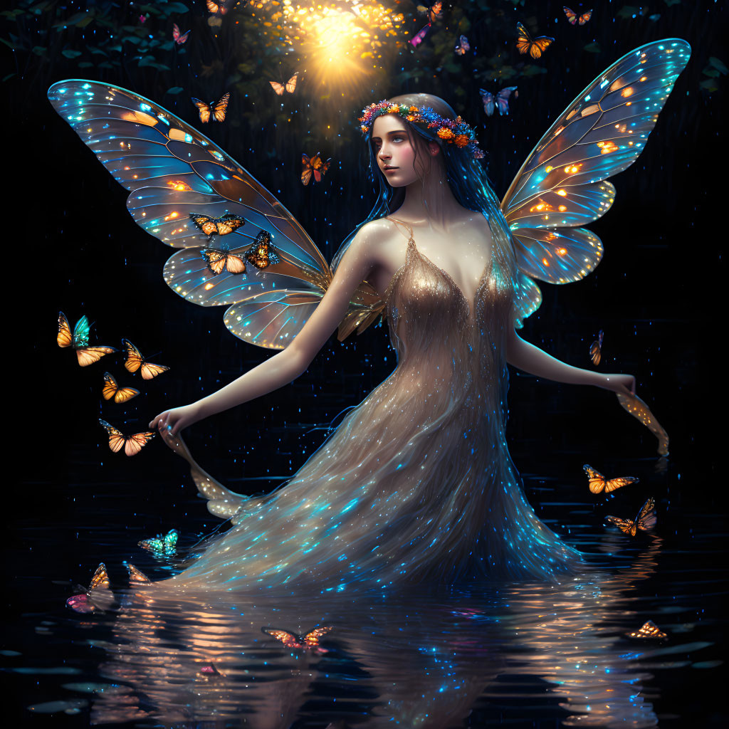 Fantastical image: Woman with butterfly wings in water with glowing butterflies