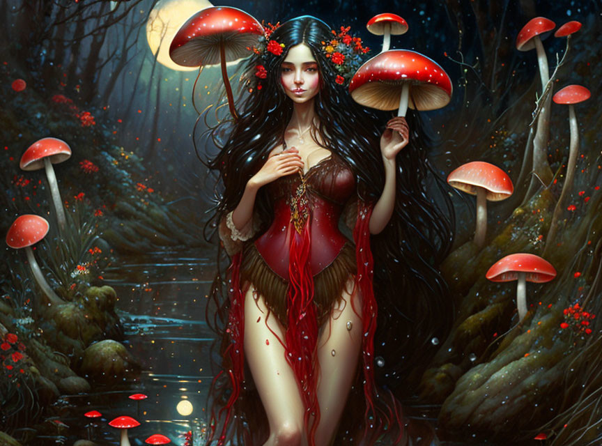 Enchanted forest scene with mystical woman in red dress among glowing mushrooms and foliage