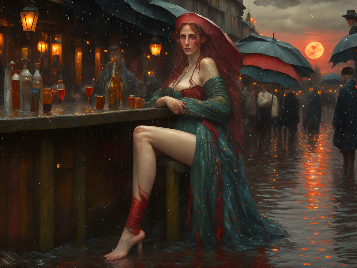 Red-haired woman at flooded bar on rainy evening with umbrellas in moody, amber-lit scene