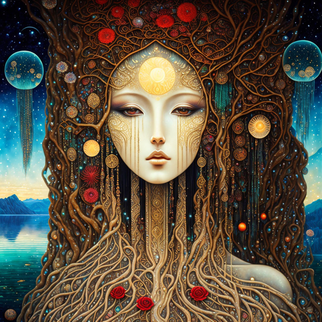 Surreal artwork: Woman with tree-like hair in celestial setting