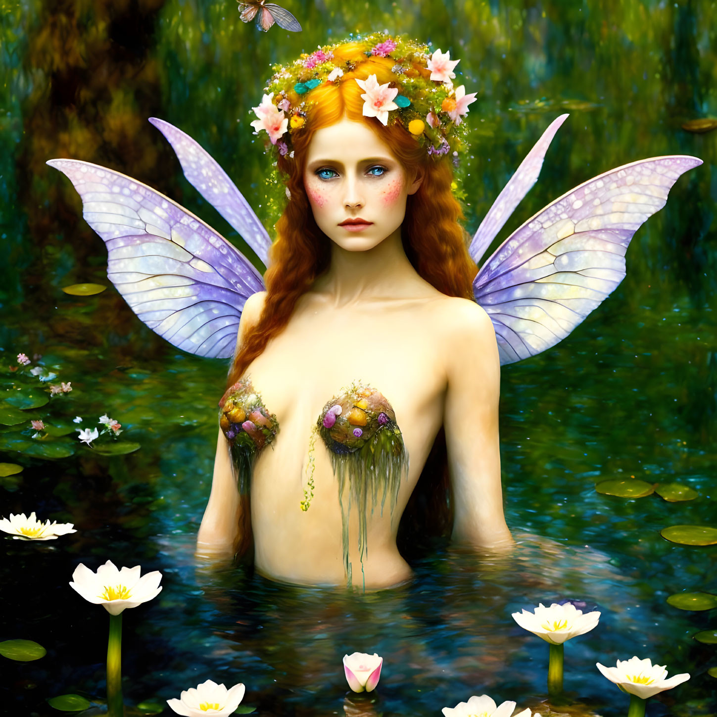 Fantasy illustration: fairy with translucent wings, red hair, floral crown, surrounded by water lilies