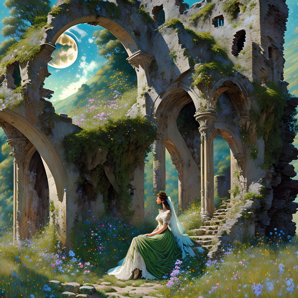 Woman in green dress amid ruins under moonlit sky with lush foliage and blooming flowers.