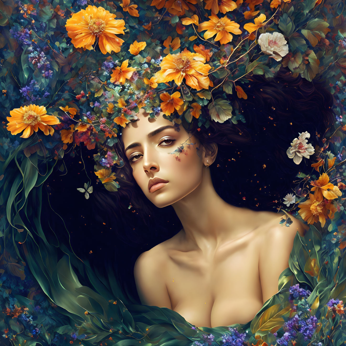 Woman portrait with floral headpiece and nature-inspired theme