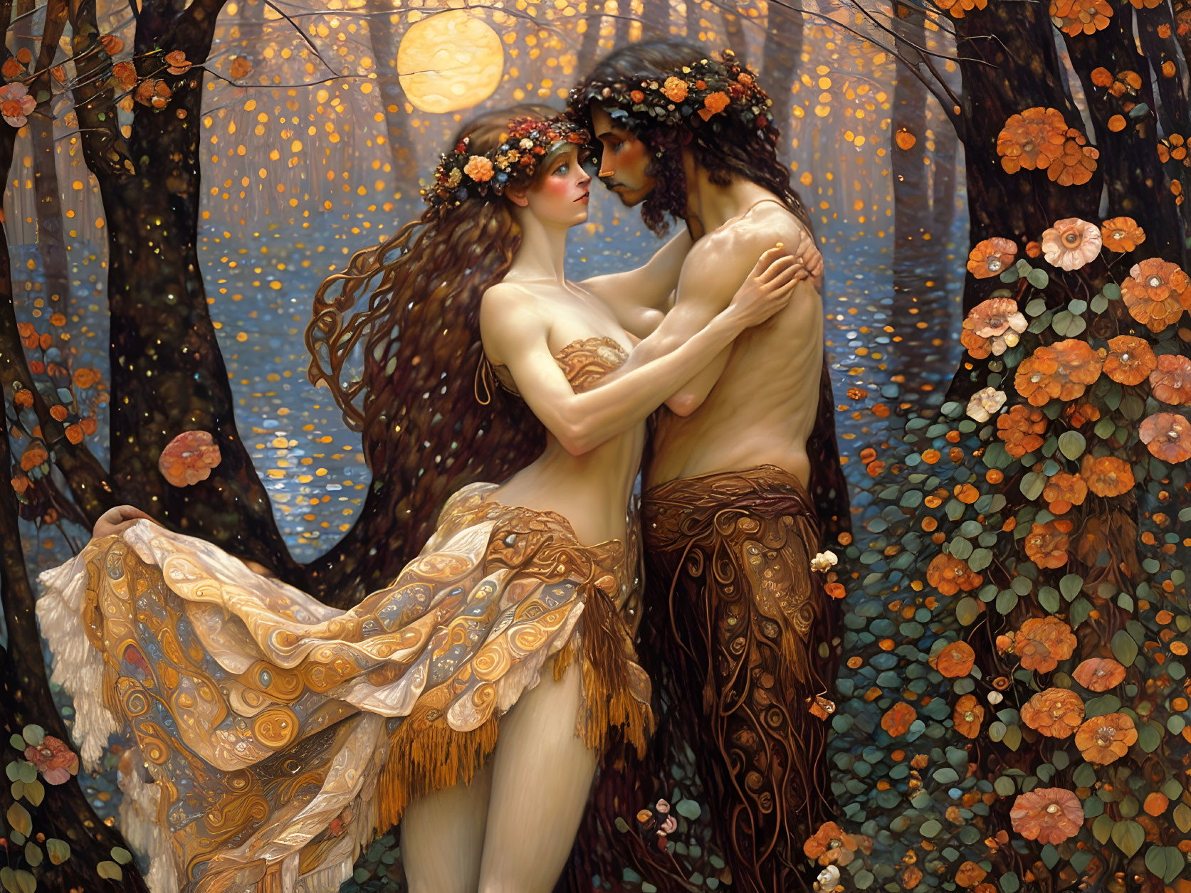 Man and woman embrace in mystical forest with Art Nouveau influences