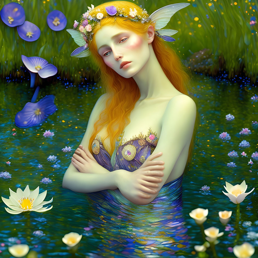 Fantasy illustration of female figure with elfin features in serene pond surrounded by lush greenery and blo