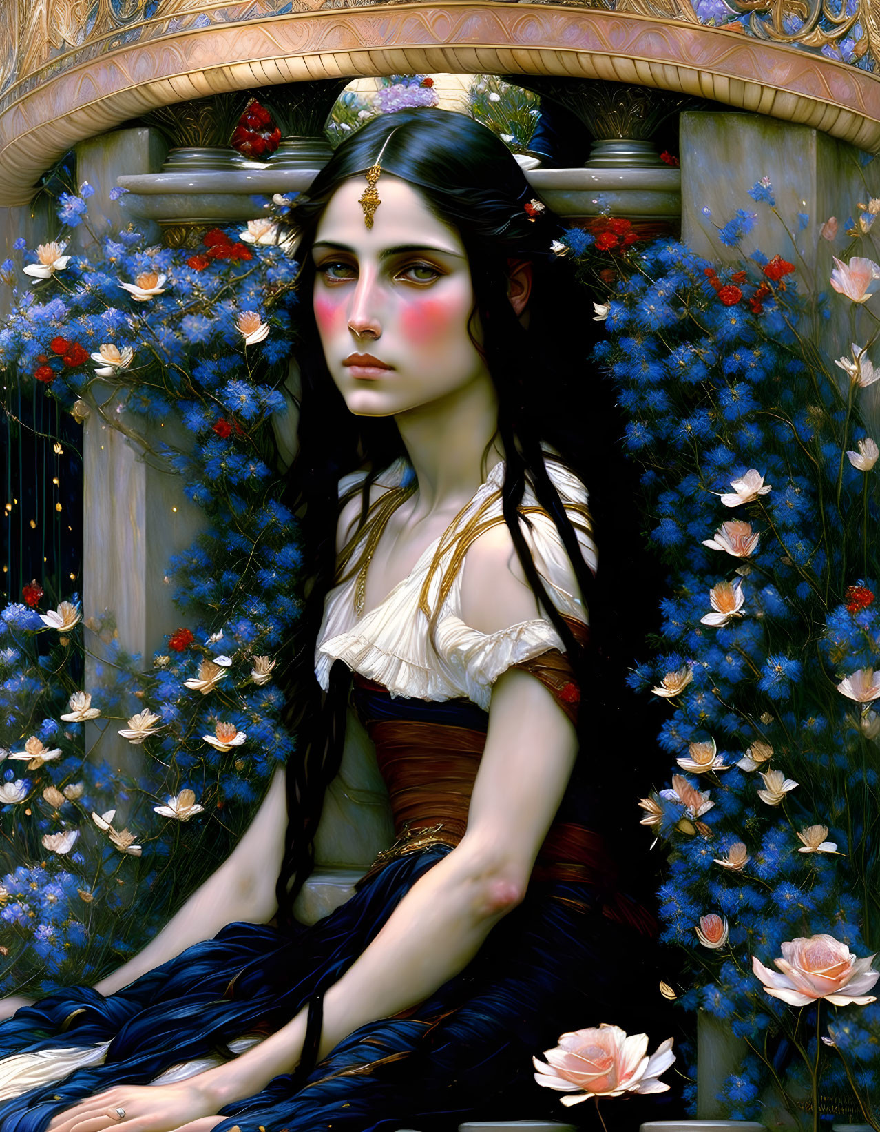 Pale-skinned woman with black hair and headpiece in mystical setting.