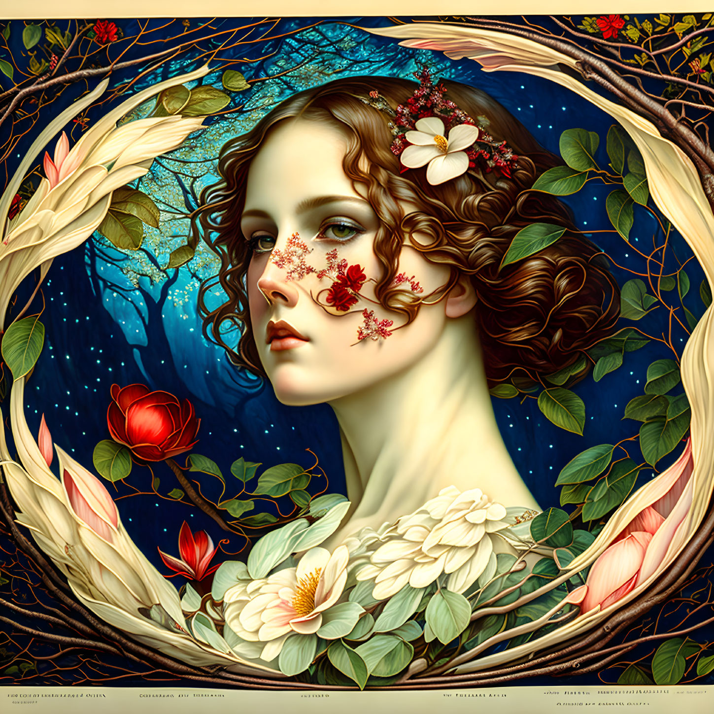 Stylized portrait of woman with floral vines and starry backdrop