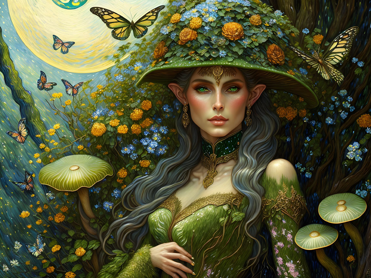 Green-skinned forest being with pointed ears in wide-brimmed hat, surrounded by nature