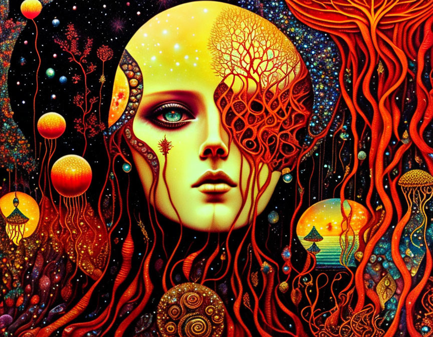 Psychedelic artwork: Woman's face merged with tree under starry sky