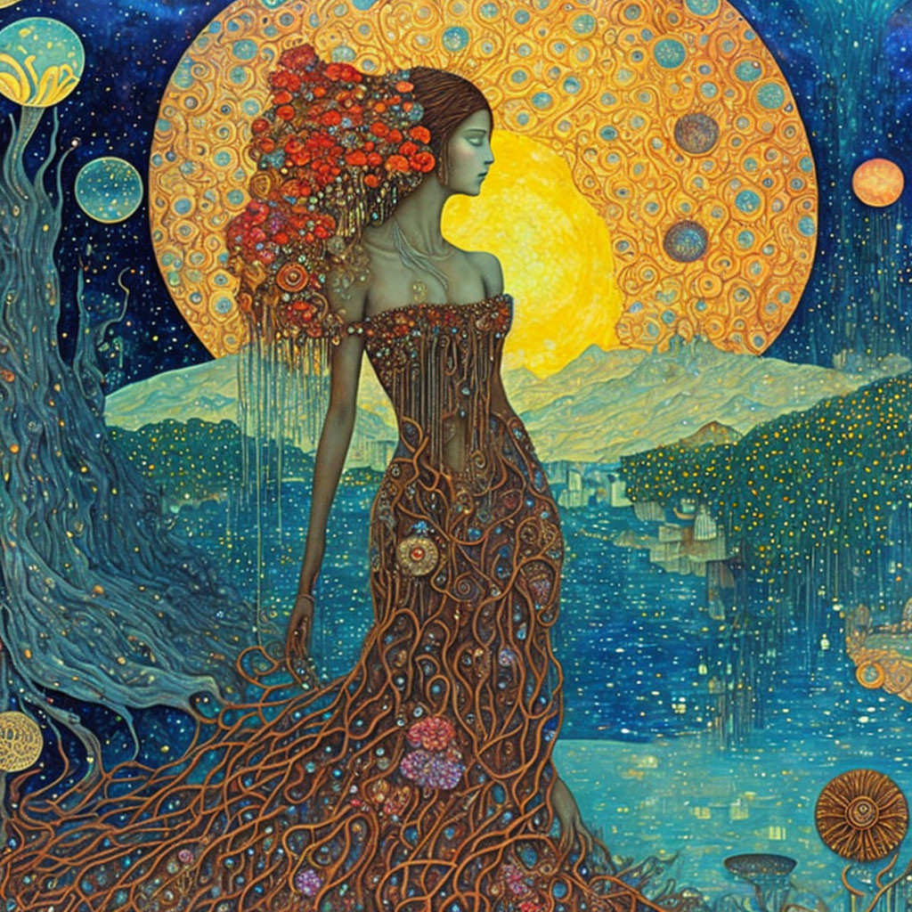 Woman in floral headdress against cosmic backdrop with celestial bodies