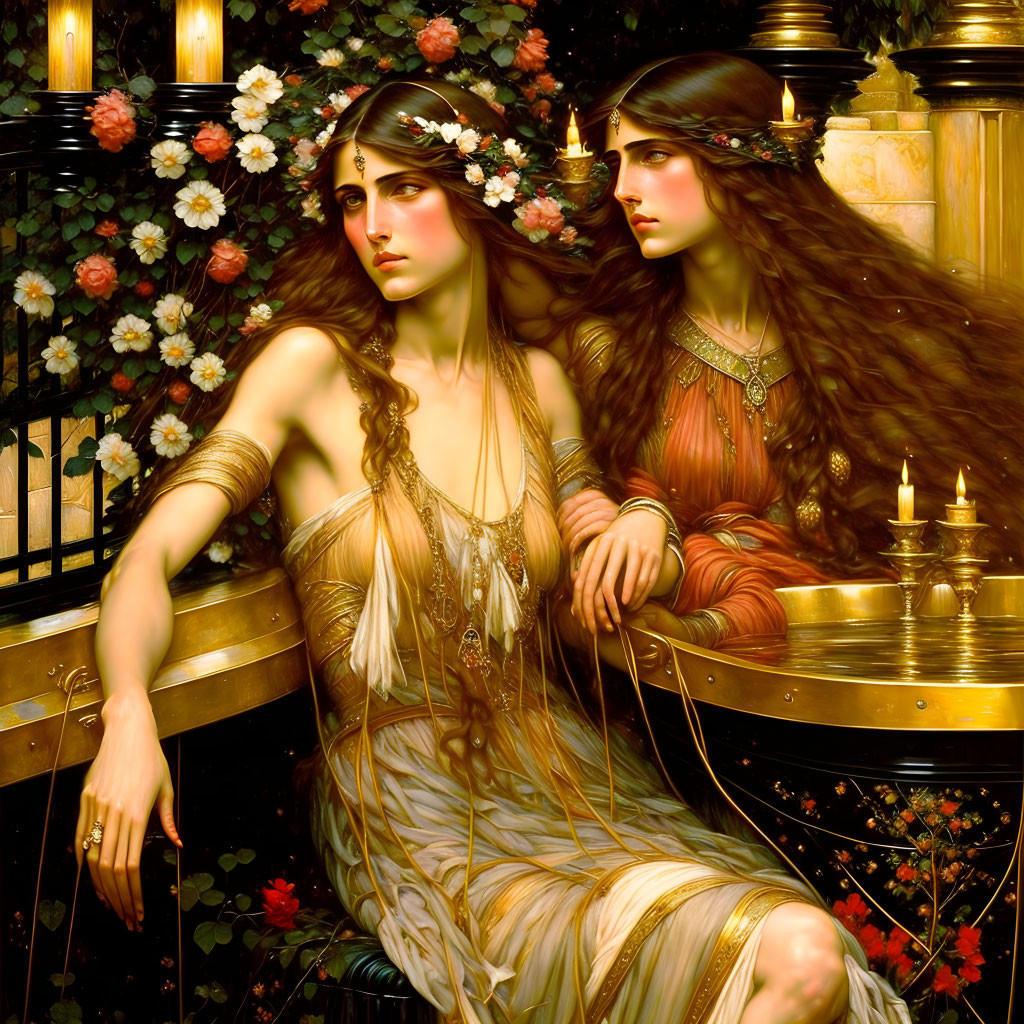 Two women in ethereal attire with flowers, sitting by a candlelit balcony among lush flora