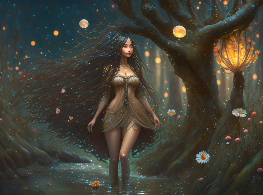 Mystical female figure in luminous forest with glowing orbs and ancient tree