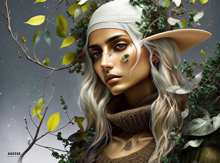 Fantasy portrait of female elf with pointed ears and white headscarf in lush greenery