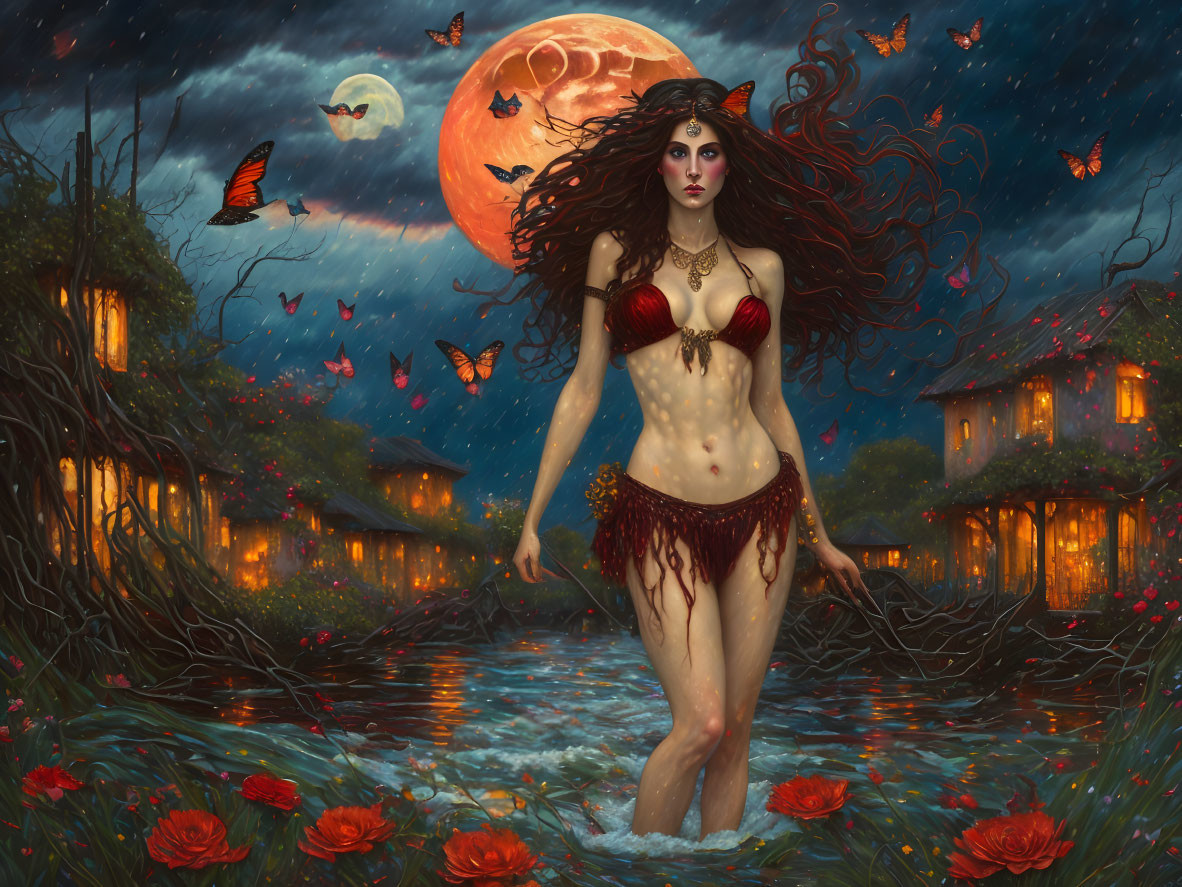 Mystical woman with flowing hair in water surrounded by lotuses and butterflies under full moon