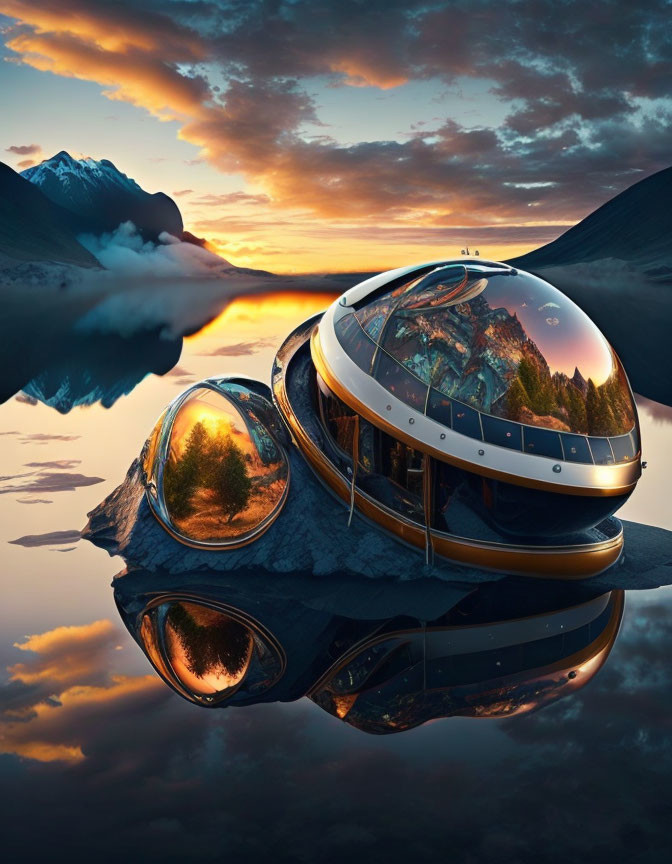 Futuristic dome-shaped building on cliff with mountainous backdrop at sunset