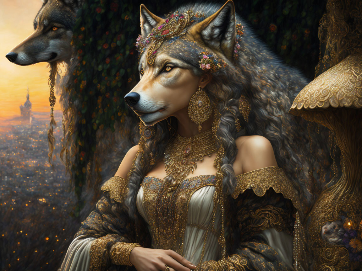 Anthropomorphic wolf in ornate attire with cityscape backdrop and companion wolf.