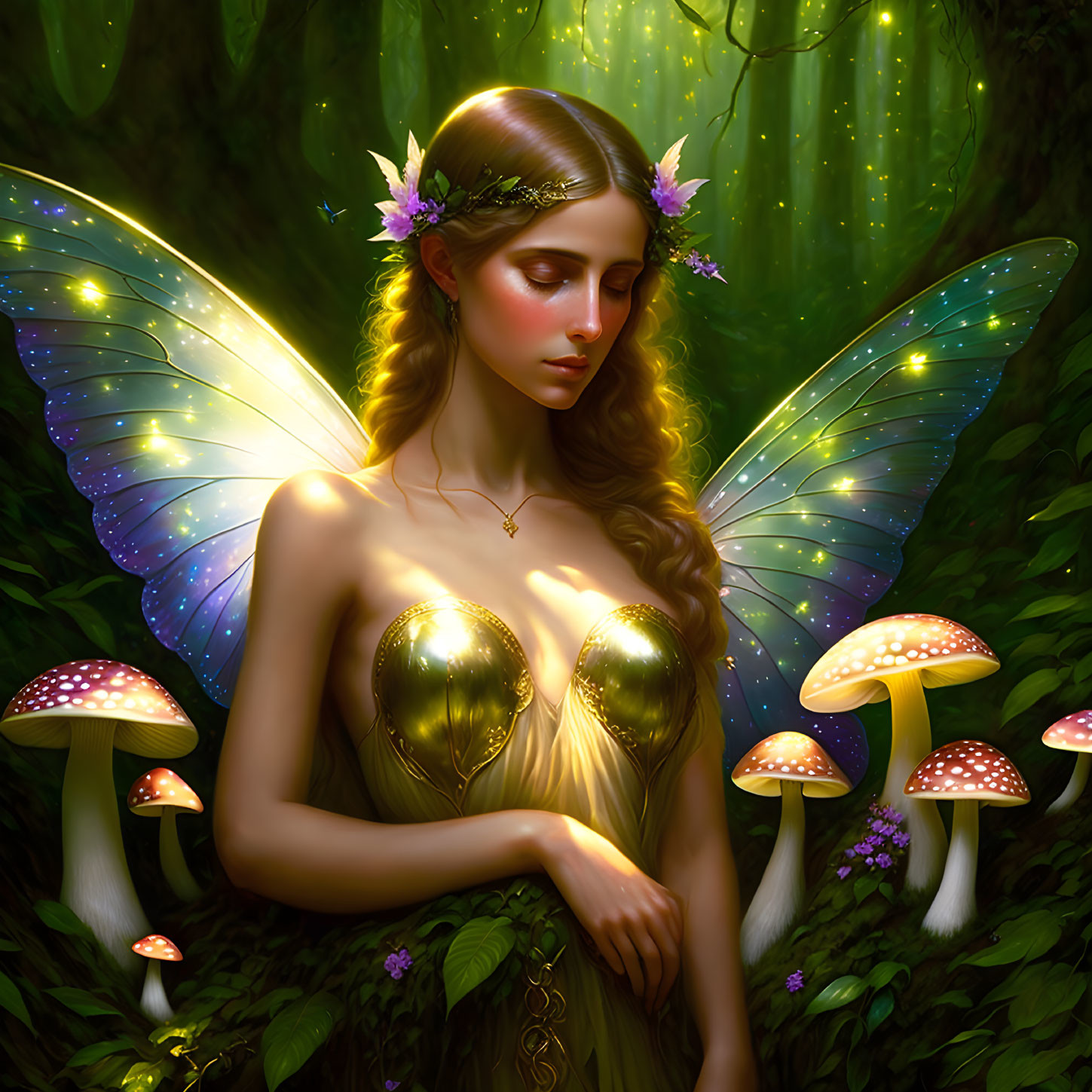 Translucent-winged fairy in glowing forest with luminous mushrooms