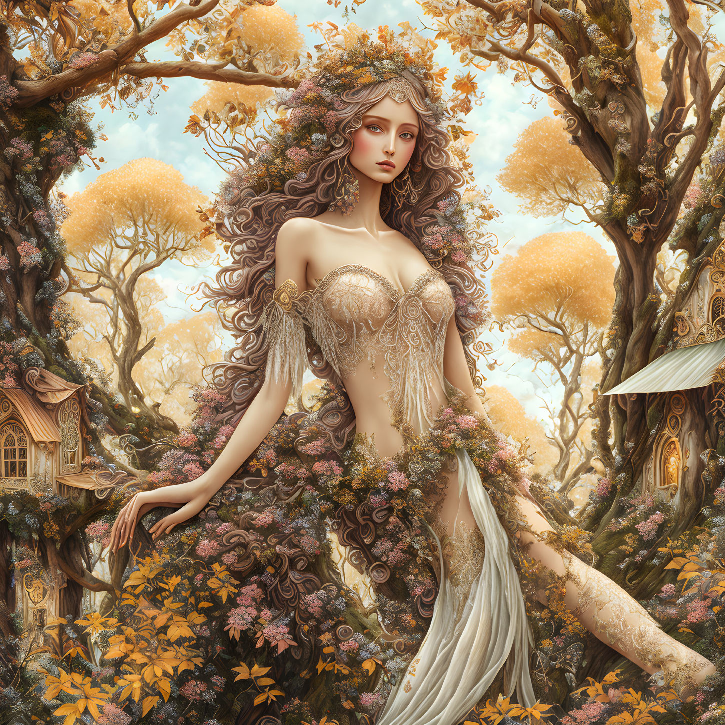 Fantasy illustration of woman with nature-infused hair among trees and golden foliage