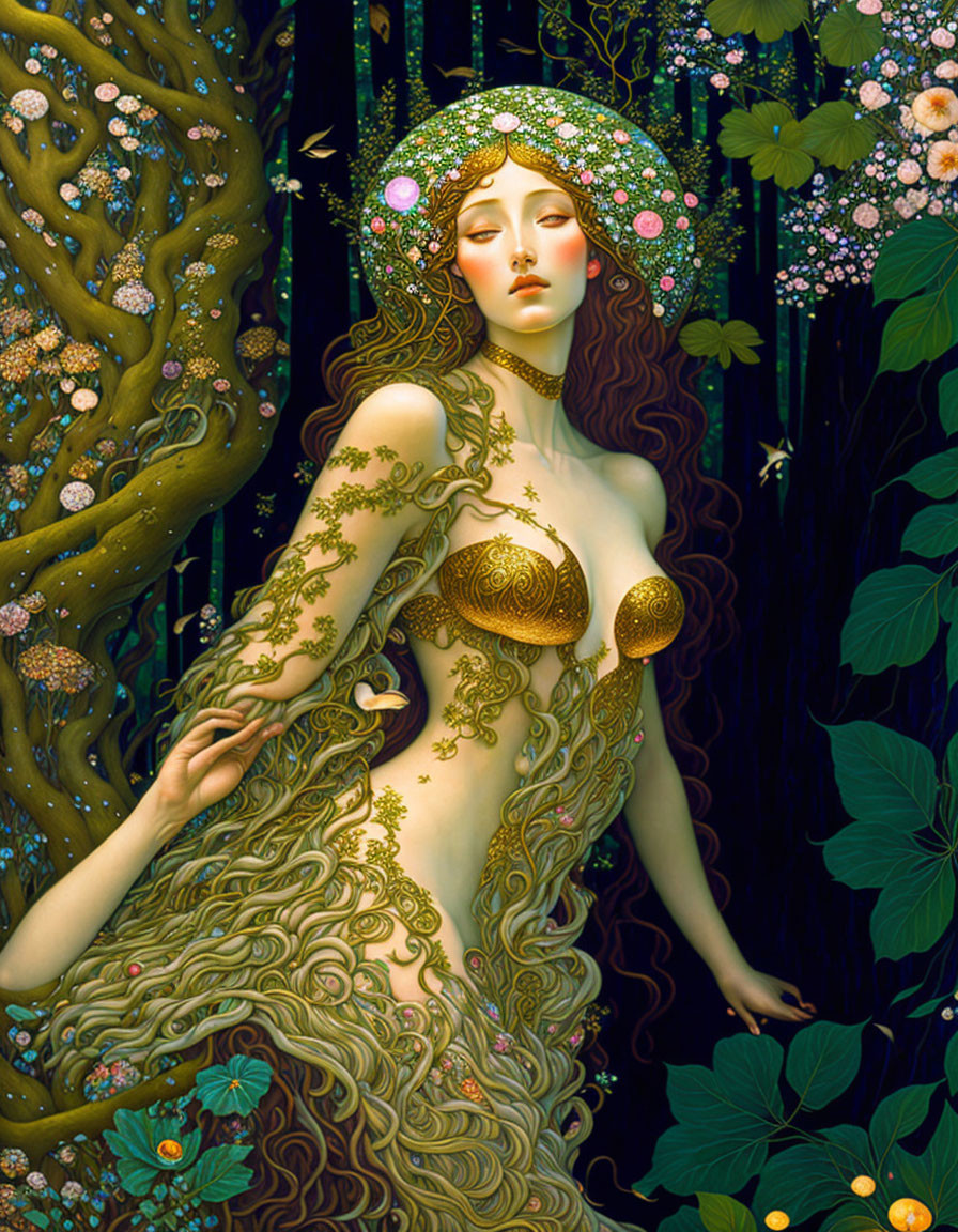 Mystical woman with golden elements in lush forest landscape