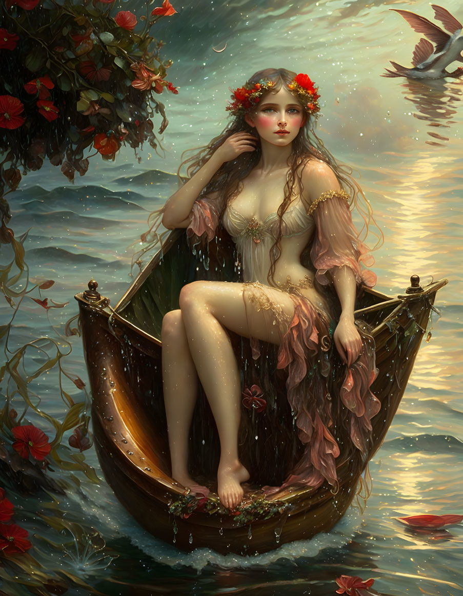 Mystical woman with flower crown in ethereal boat among serene water