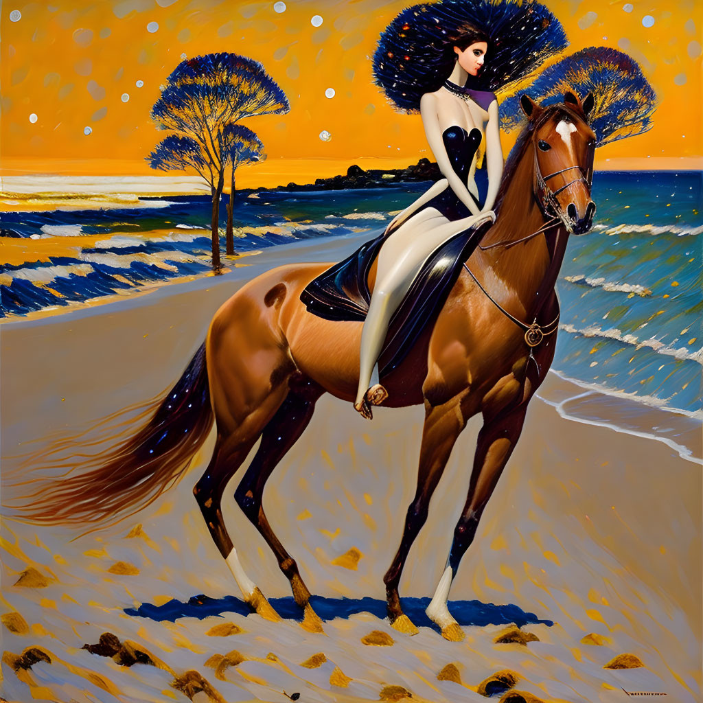 Stylized painting: Woman in heart dress rides horse on beach, orange sky, two trees.