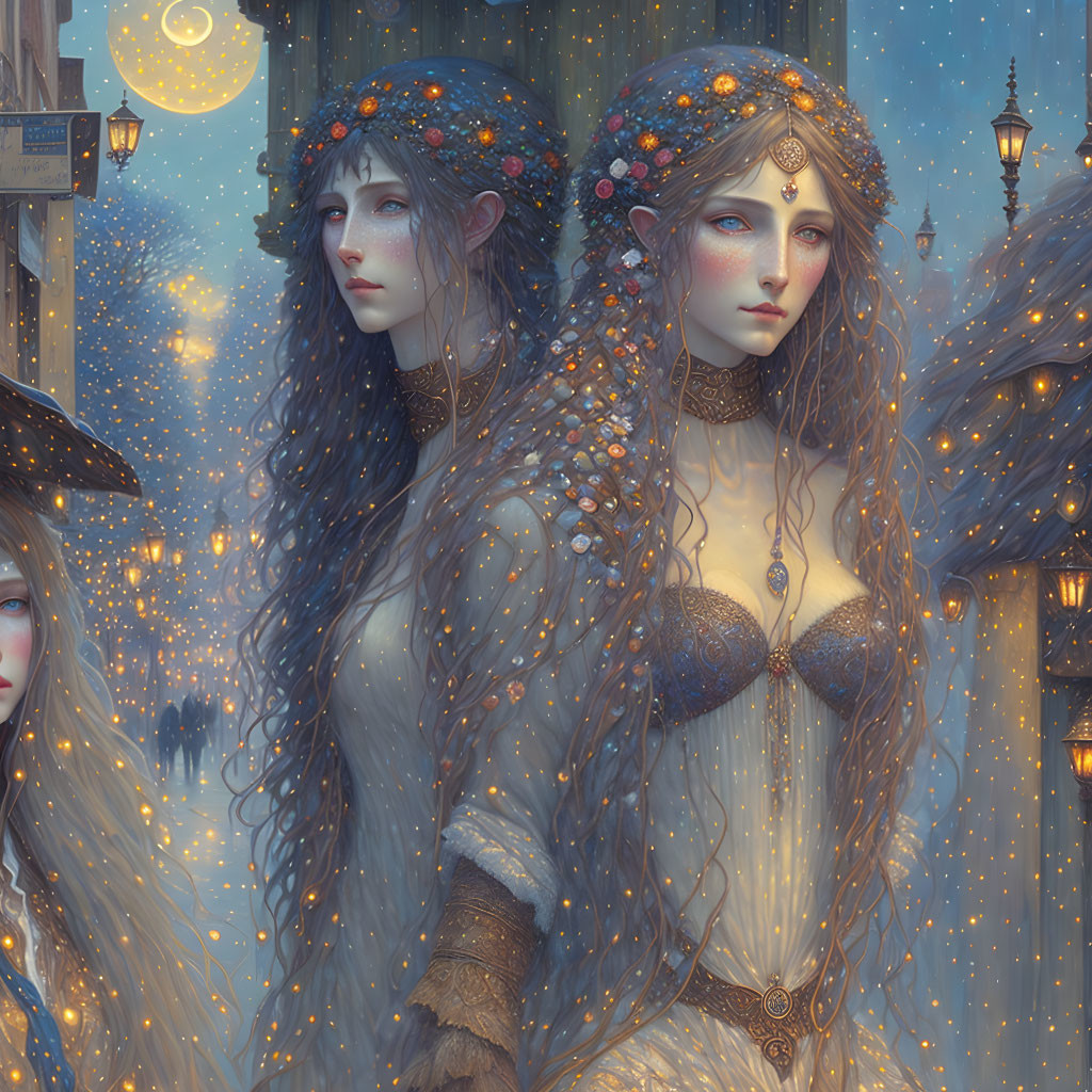 Illustration of three women with flowing hair in mystical snowy scene