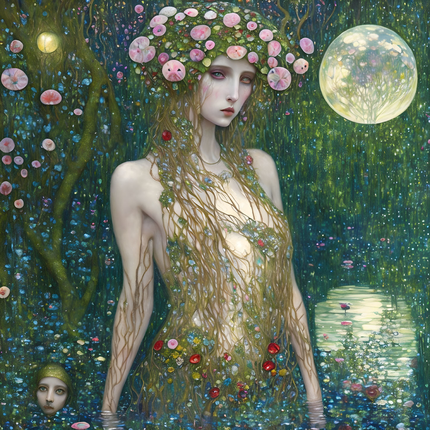 Surreal painting: Pale woman with floral hat, hair merging with tree, surrounded by willows