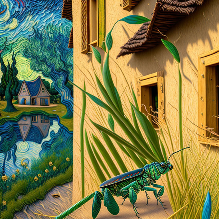 Digitally altered artwork: Grasshopper, house, Van Gogh-style sky