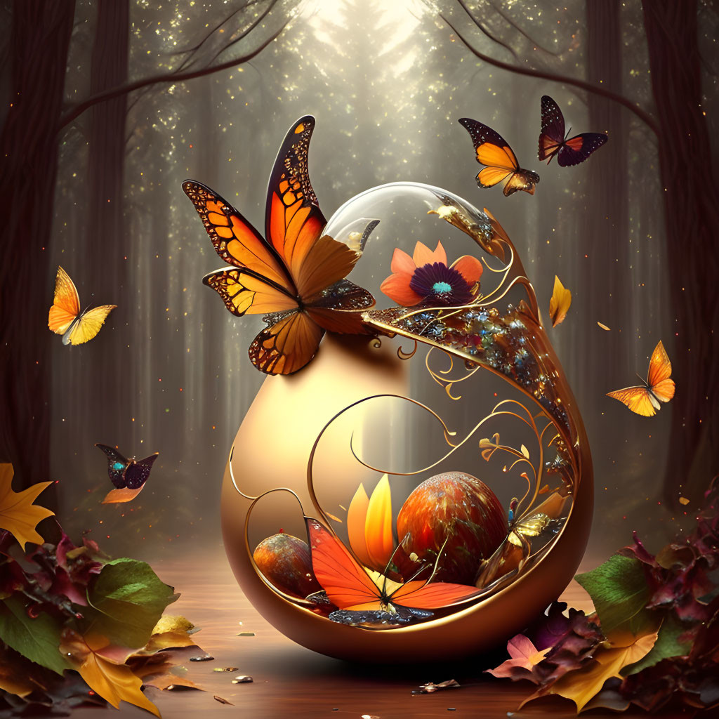 Golden egg with butterflies in magical forest scene.