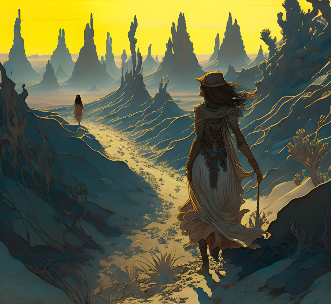 Person in dress and hat walking in desert with rock formations under golden sky.