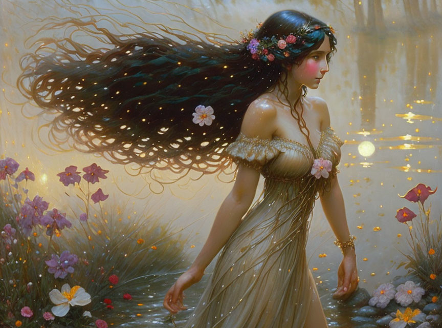 Mystical woman in water surrounded by flowers and wearing draped gown