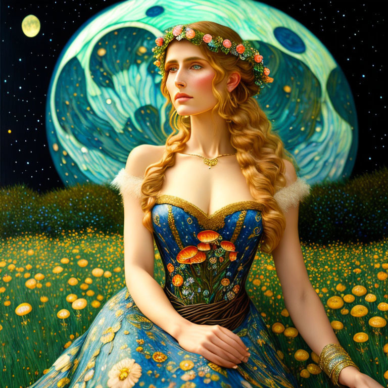 Woman in floral crown and blue dress in field under whimsical moonlit sky