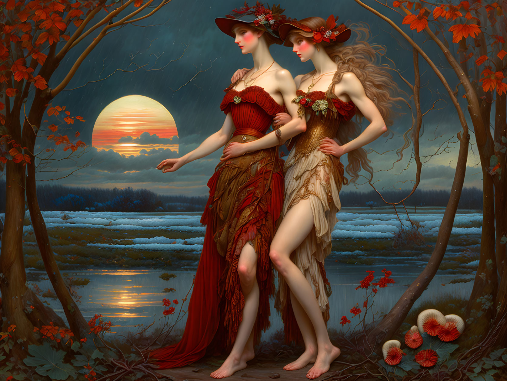 Ethereal women under autumn arch, serene sunset and river