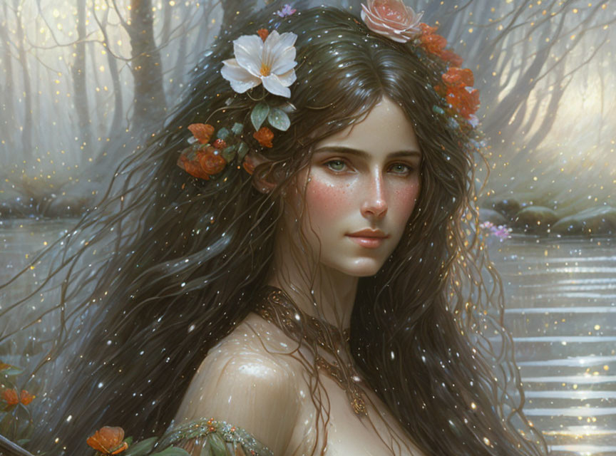 Mystical female figure with flower-adorned hair in enchanted forest scene