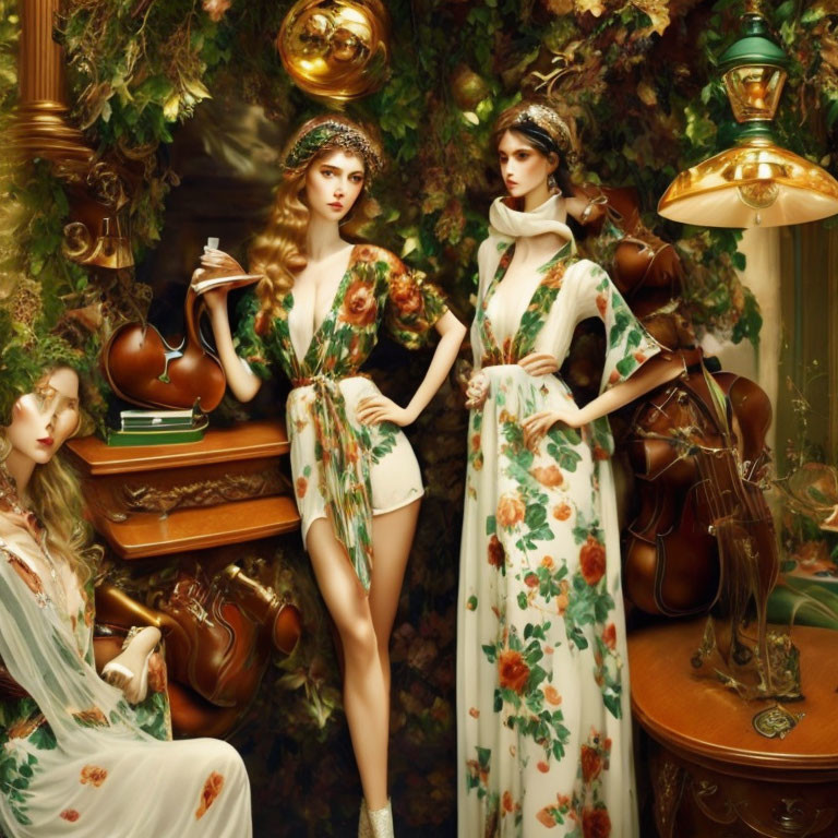 Elegant women in floral dresses with vintage furnishings and warm lighting