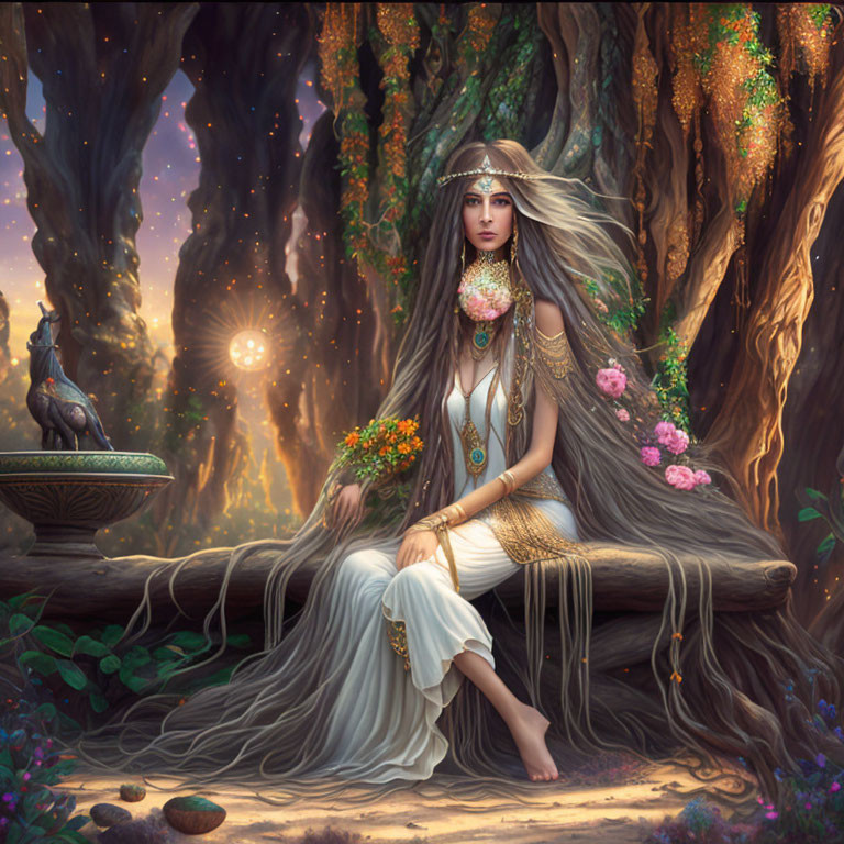 Woman in bohemian attire sitting on tree bench in magical forest with raven